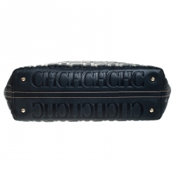 Pre Owned Carolina Herrera Navy Blue Monogram Leather Shopper Tote