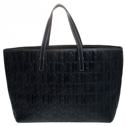 Pre Owned Carolina Herrera Navy Blue Monogram Leather Shopper Tote