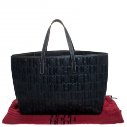 Pre Owned Carolina Herrera Navy Blue Monogram Leather Shopper Tote