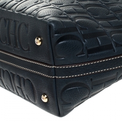 Pre Owned Carolina Herrera Navy Blue Monogram Leather Shopper Tote