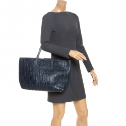 Pre Owned Carolina Herrera Navy Blue Monogram Leather Shopper Tote