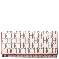 Pre Owned Carolina Herrera Beige/Red Monogram Coated Canvas Continental Wallet