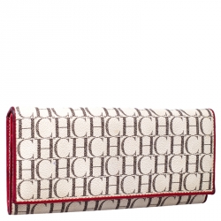 Pre Owned Carolina Herrera Beige/Red Monogram Coated Canvas Continental Wallet
