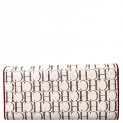 Pre Owned Carolina Herrera Beige/Red Monogram Coated Canvas Continental Wallet
