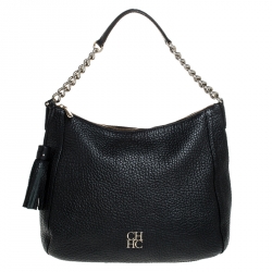Pre Owned Carolina Herrera Black Leather Tassel Chain Hobo