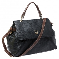 Pre Owned Carolina Herrera Black/Brown Monogram Embossed Leather Top Handle Bag