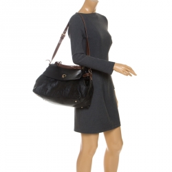 Pre Owned Carolina Herrera Black/Brown Monogram Embossed Leather Top Handle Bag