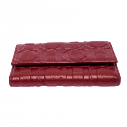 Pre Owned Carolina Herrera Red Monogram Leather Tri Fold Compact Wallet