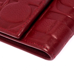 Pre Owned Carolina Herrera Red Monogram Leather Tri Fold Compact Wallet