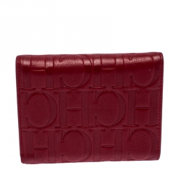 Pre Owned Carolina Herrera Red Monogram Leather Tri Fold Compact Wallet
