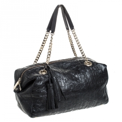 Pre Owned Carolina Herrera Black Monogram Leather Tassel Satchel