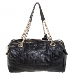 Pre Owned Carolina Herrera Black Monogram Leather Tassel Satchel