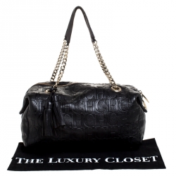 Pre Owned Carolina Herrera Black Monogram Leather Tassel Satchel