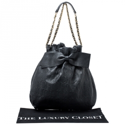 Pre Owned Carolina Herrera Black Embossed Leather Bow Bucket Shoulder Bag