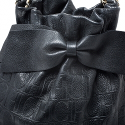 Pre Owned Carolina Herrera Black Embossed Leather Bow Bucket Shoulder Bag