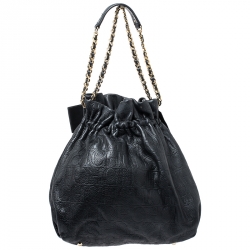 Pre Owned Carolina Herrera Black Embossed Leather Bow Bucket Shoulder Bag