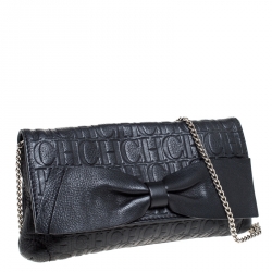 Pre Owned Carolina Herrera Black Monogram Embossed Leather Bow Shoulder Bag