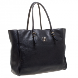 Pre Owned Carolina Herrera Navy Blue Leather Shopper Tote