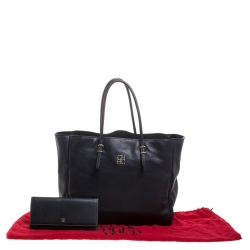 Pre Owned Carolina Herrera Navy Blue Leather Shopper Tote