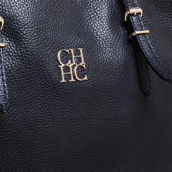 Pre Owned Carolina Herrera Navy Blue Leather Shopper Tote