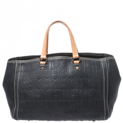 Pre Owned Carolina Herrera Black Monogram Leather Tote