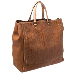 Pre Owned Carolina Herrera Brown Monogram Leather Shopper Tote
