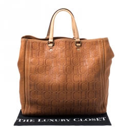 Pre Owned Carolina Herrera Brown Monogram Leather Shopper Tote