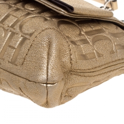 Pre Owned Carolina Herrera Gold Monogram Embossed Leather Bow Flap Shoulder Bag