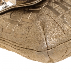 Pre Owned Carolina Herrera Gold Monogram Embossed Leather Bow Flap Shoulder Bag