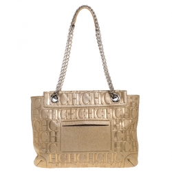 Pre Owned Carolina Herrera Gold Monogram Embossed Leather Bow Flap Shoulder Bag