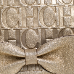 Pre Owned Carolina Herrera Gold Monogram Embossed Leather Bow Flap Shoulder Bag