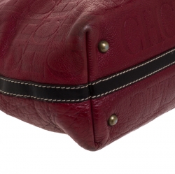 Pre Owned Carolina Herrera Red/Dark Brown Monogram Embossed Leather Shopper Tote