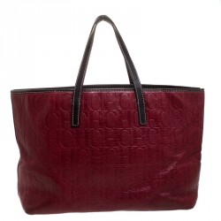 Pre Owned Carolina Herrera Red/Dark Brown Monogram Embossed Leather Shopper Tote
