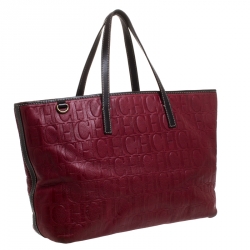 Pre Owned Carolina Herrera Red/Dark Brown Monogram Embossed Leather Shopper Tote