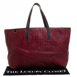 Pre Owned Carolina Herrera Red/Dark Brown Monogram Embossed Leather Shopper Tote
