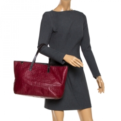 Pre Owned Carolina Herrera Red/Dark Brown Monogram Embossed Leather Shopper Tote