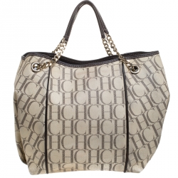Pre Owned Carolina Herrera Off White Monogram Coated Canvas Chain Tote