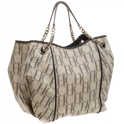 Pre Owned Carolina Herrera Off White Monogram Coated Canvas Chain Tote