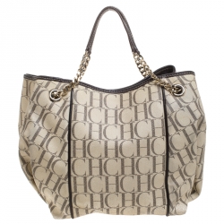 Pre Owned Carolina Herrera Off White Monogram Coated Canvas Chain Tote