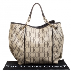 Pre Owned Carolina Herrera Off White Monogram Coated Canvas Chain Tote
