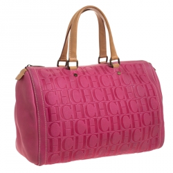 Pre Owned Carolina Herrera Pink Monogram Leather Large Andy Boston Bag