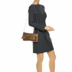 Pre Owned Carolina Herrera Gold Monogram Embossed Leather Bow Shoulder Bag