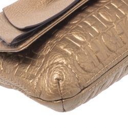 Pre Owned Carolina Herrera Gold Monogram Embossed Leather Bow Shoulder Bag