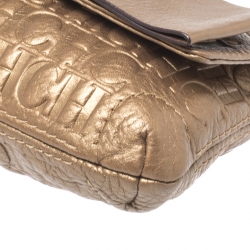 Pre Owned Carolina Herrera Gold Monogram Embossed Leather Bow Shoulder Bag