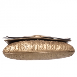 Pre Owned Carolina Herrera Gold Monogram Embossed Leather Bow Shoulder Bag