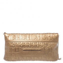 Pre Owned Carolina Herrera Gold Monogram Embossed Leather Bow Shoulder Bag