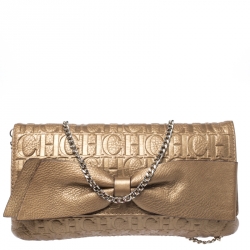 Pre Owned Carolina Herrera Gold Monogram Embossed Leather Bow Shoulder Bag
