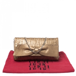 Pre Owned Carolina Herrera Gold Monogram Embossed Leather Bow Shoulder Bag