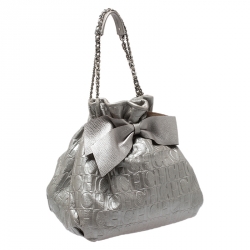 Pre Owned Carolina Herrera Metallic Silver Embossed Leather Bow Bucket Shoulder Bag