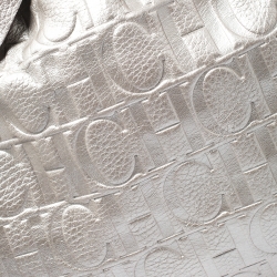 Pre Owned Carolina Herrera Metallic Silver Embossed Leather Bow Bucket Shoulder Bag